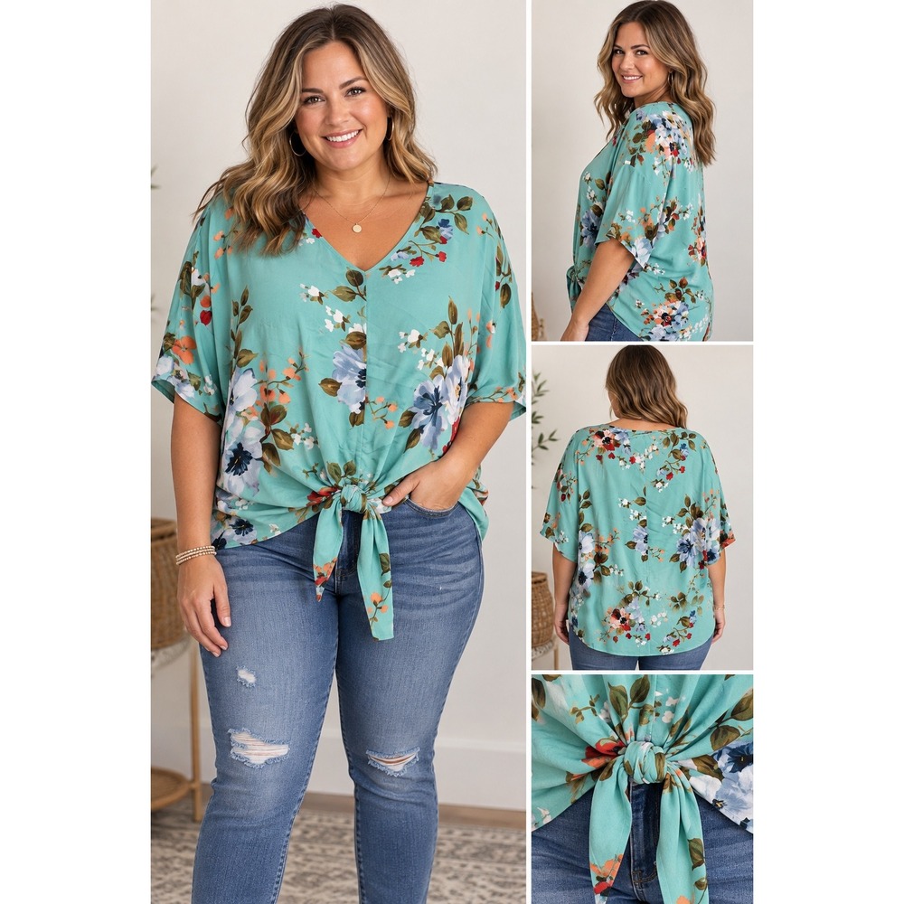 Floral V-Neck Tie Front Blouse Turquoise Blue 1XL Short Sleeve Oversized Top